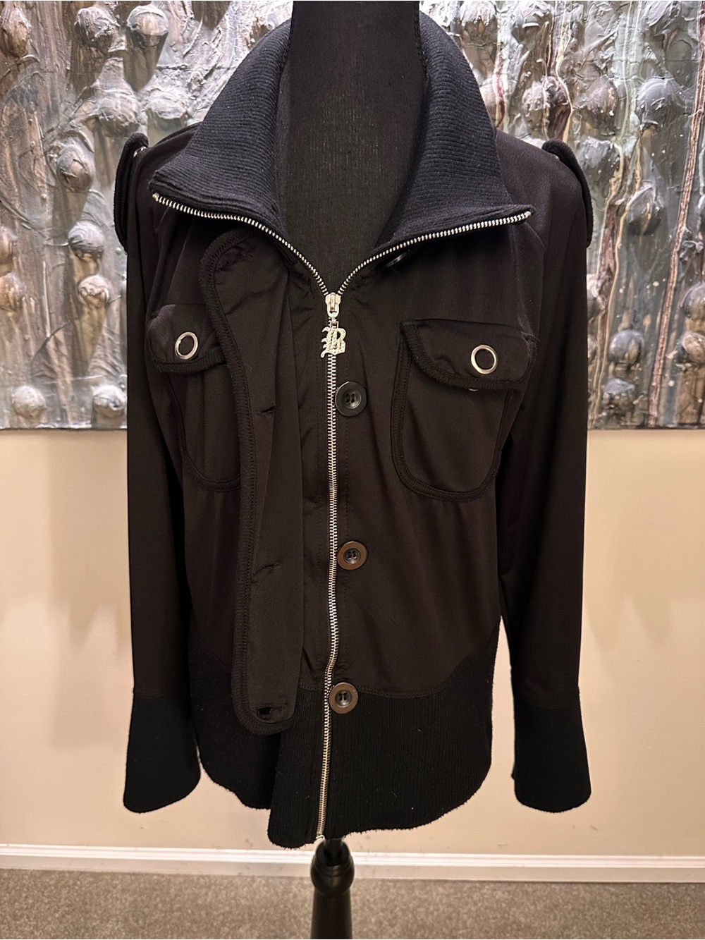BCBG LG (says XL) Black Utility Jacket with Zip & Button Front